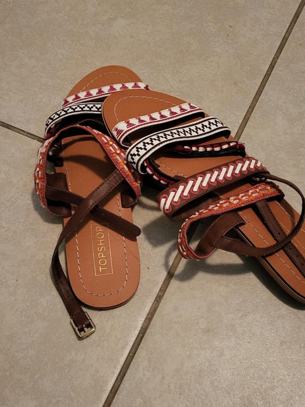Topshop Brown Multicolor Embroidered Strap Sandals